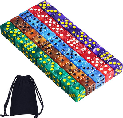 50 Pieces 6 Sided Dice Set, 5 X 10 Pearl Colors Square Corner Dice with Velvet P