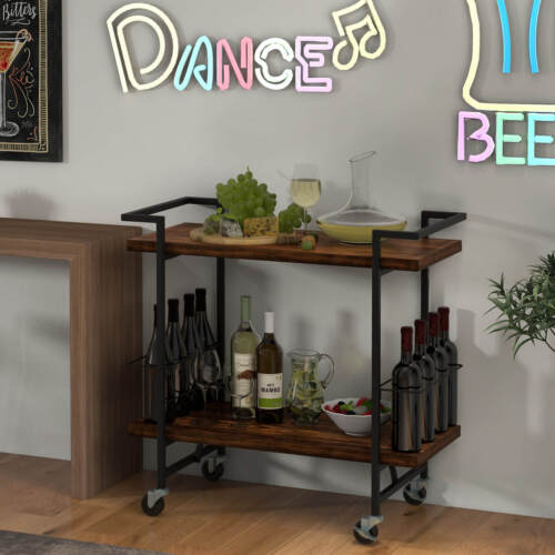 2-tier Home Bar Cart Home Bar Cart w/ Lockable Wheels & Anti-fall Guardrail - Picture 4 of 9