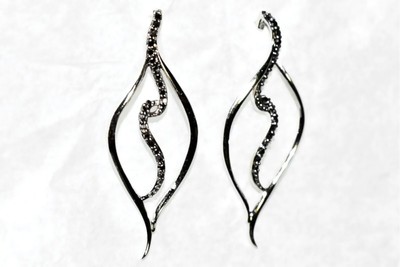 Black Diamond Earrings Solid 14ct White Gold Earrings (3.60g) Long Swirls 0.25ct