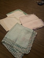 Vintage Ladies Hankies Lot Of 4 Crocheted Boarder Varous Condition Handkerchiefs