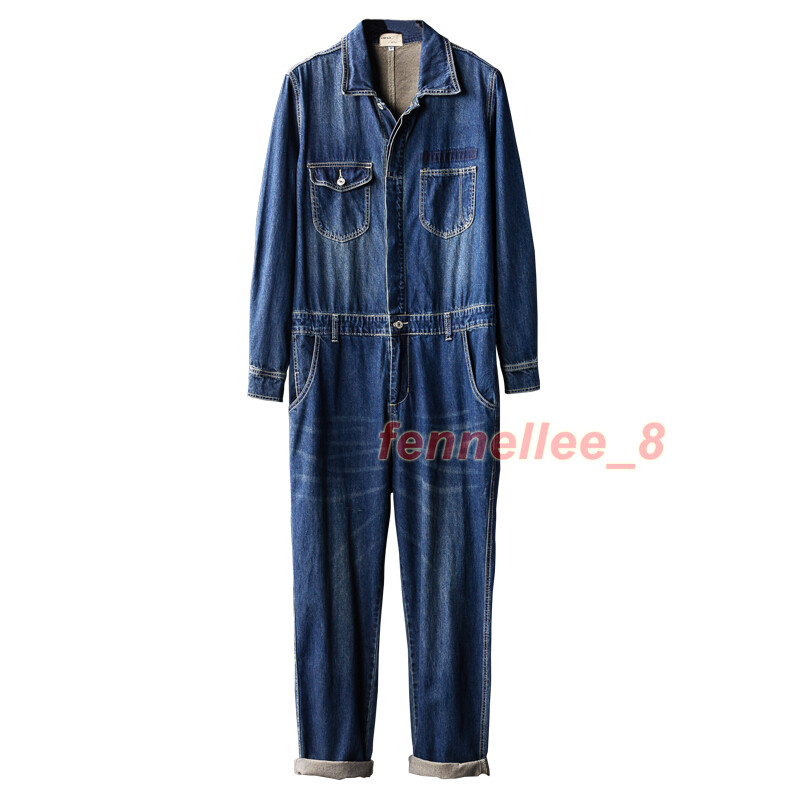 Men Denim Jumpsuits Overalls Jeans One- Piece Work Pants