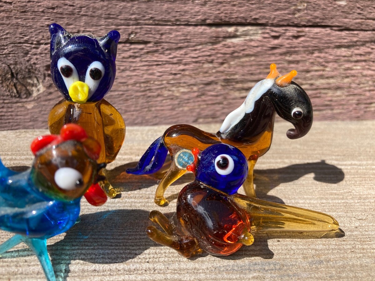置物 Murano , antique Lot 5 VTG Miniature Blown Glass Murano Style Animals Owl Chicken
