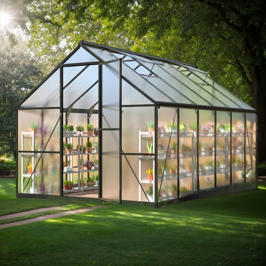 8x12 FT Walk-in Greenhouse with Quick Assembly, Polycarbonate Outdoor Ventilated
