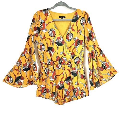 Very J Women’s Floral Romper Small Yellow Bell Sleeve Boho Festival Wrap Front