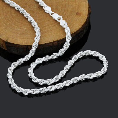 Pure 5mm 925 Sterling Silver Italian Rope Chain Necklace made in