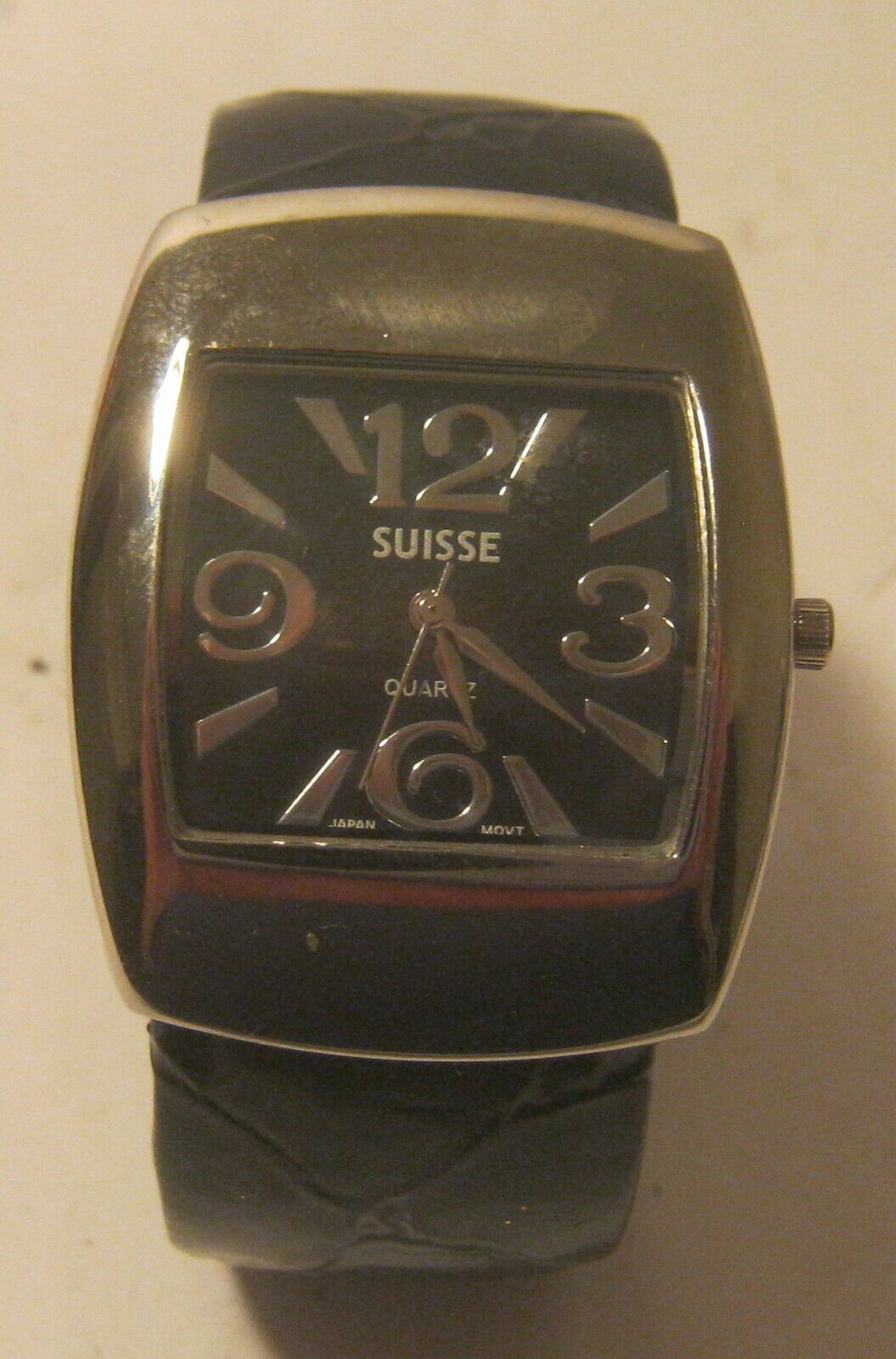 SUISSE Ladies Watch with Faux Black Leather Cuff Band NEW BATTERY Excellent!!