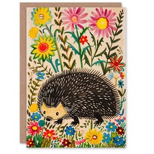 Hedgehog in Wildflower Garden Folk Art Painting Greeting Card Birthday Him Her