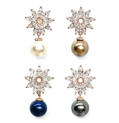 Blooming Flower Swarovski Elements Pearl Earrings 18K Gold Plated Various Styles