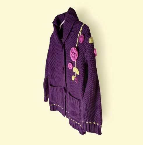 Savannah Girl's Chunky Knit Cardigan Size 4 4Y Plum Floral Big Buttons Pockets - Picture 2 of 12