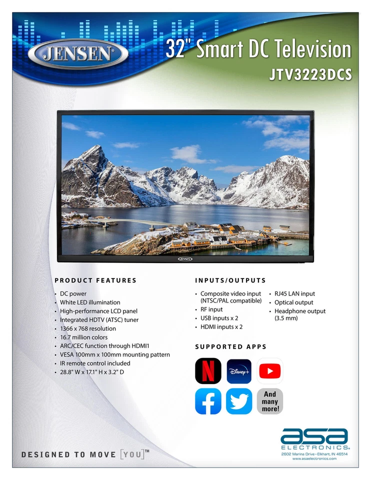 JENSEN 32" Smart TV 12V Marine Boat RV High-performance LCD JTV3223DCS - Image 2 of 4