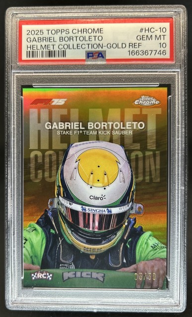 2025 Topps Chrome F1 Gabriel Bortoleto Helmet Gold Refractor RC #/50 PSA 10