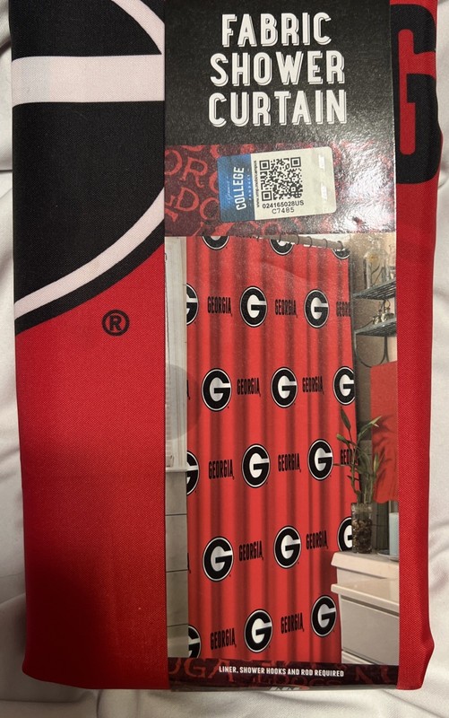 Georgia Bulldog fabric shower curtain, licensed by NCAA Red with “G" "Georgia”