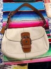 Coach Pebbled Leather White Brown Shoulder Bag with Buckle Accent, Inner Pockets