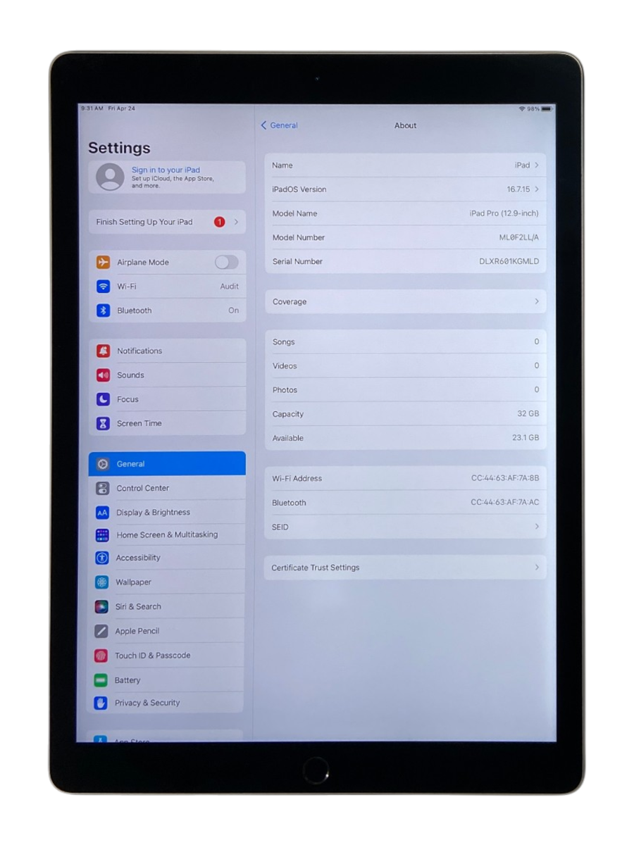 Apple iPad Pro 1st Gen 32GB A1584 12.9 Inch Wi-Fi Only iOS 16.7.15