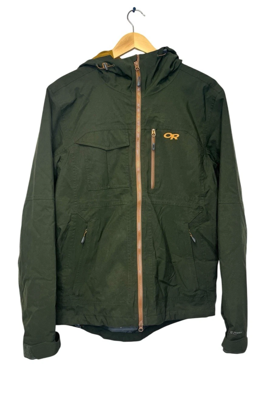 OUTDOOR RESEARCH Mens BlackPowder II Ski Jacket Medium Hood Ranger Green Orange