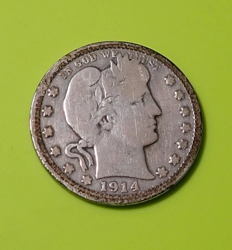 1914-P Barber Quarter  - Very  Good - 90% Silver # 1255