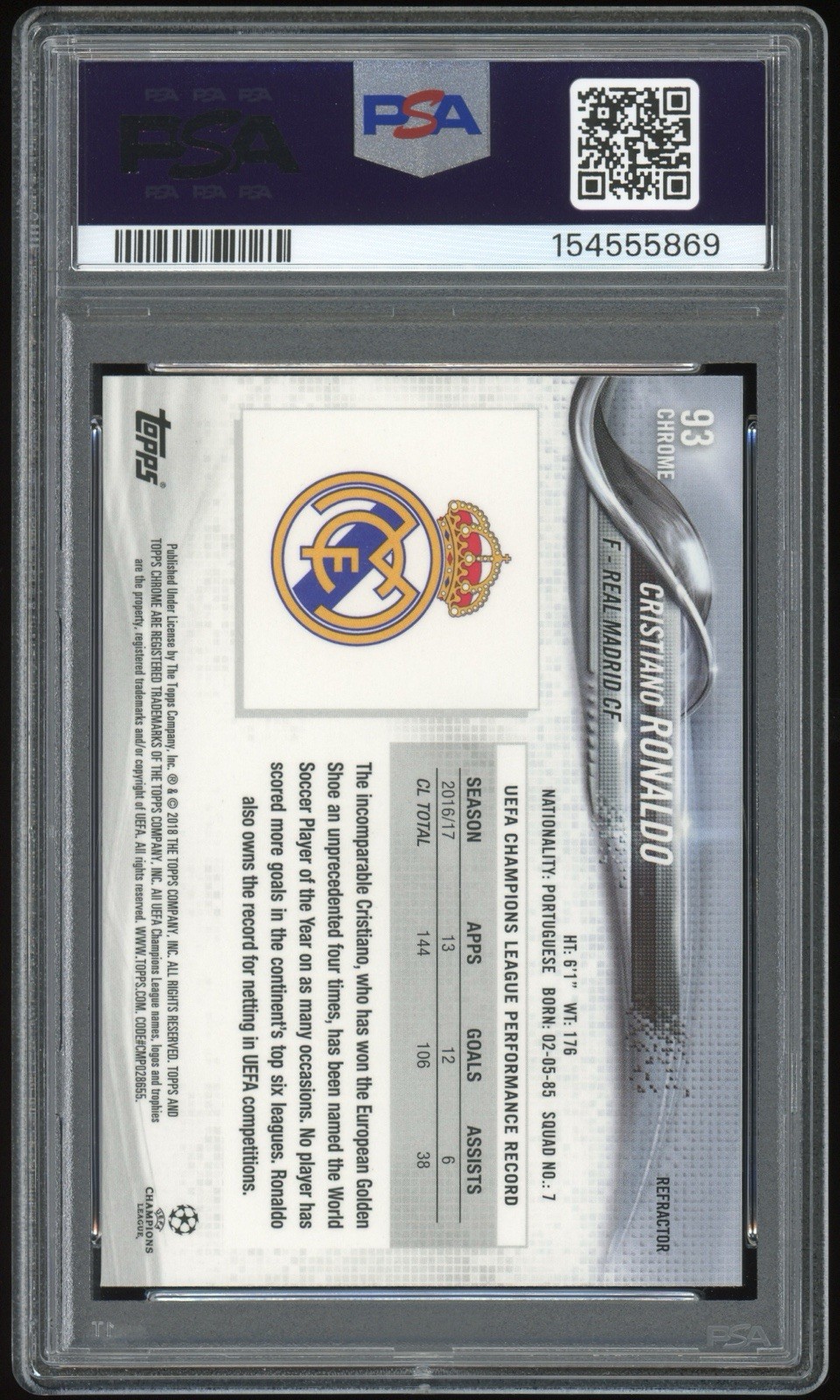 PSA 9 Cristiano Ronaldo 2017 Topps Chrome UEFA Champions League #93 Refractor view 2