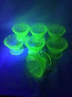 7- Vintage Jeanette -Green Uranium Glass Cherry Blossom Sherbets Scalloped Base