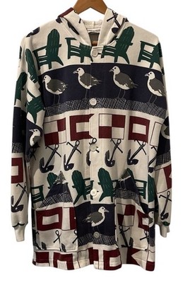 VTG 80s Michigan Rag Co Jacket Seagull Anchor Print Hood USA Oversized S/M