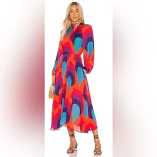 RHODE NEW Mai Maxi Bright Vibrant Long Sleeve Dress in Retro Rainbow *Flaw* Lg