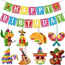 Fiesta Happy Birthday Banner 8pcs Mexican Taco Party Decorations, Cinco De ...