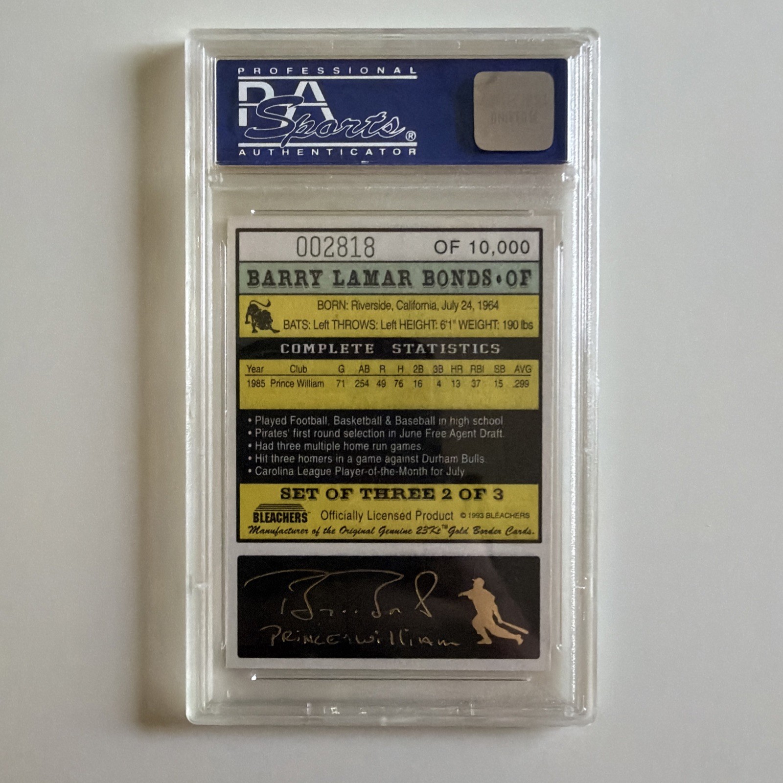 Barry Bonds, 1993 Bleachers 23Kt Gold Prince William Pirates...PSA GEM MT 10 view 4