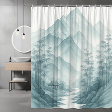 Asian Landscape Shower Curtain Mountain River Bamboo Print