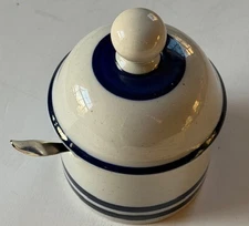 Discontinued Dansk Blue Mist jam pot w/ lid + vintage Stafford Silverplate spoon