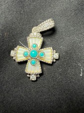 Judith Ripka 925 Sterling Silver  Maltese Cross MOP Turquoise CZ Pendant 9 gr