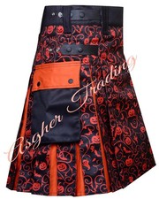 Handmade Halloween Theme Black  Orange Hybrid Utility kilt Men Custom Size Kilt