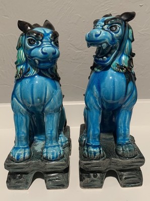 A Pair of Vintage Large Asian Turquoise Blue Foo Dogs/Lions 10.5''T