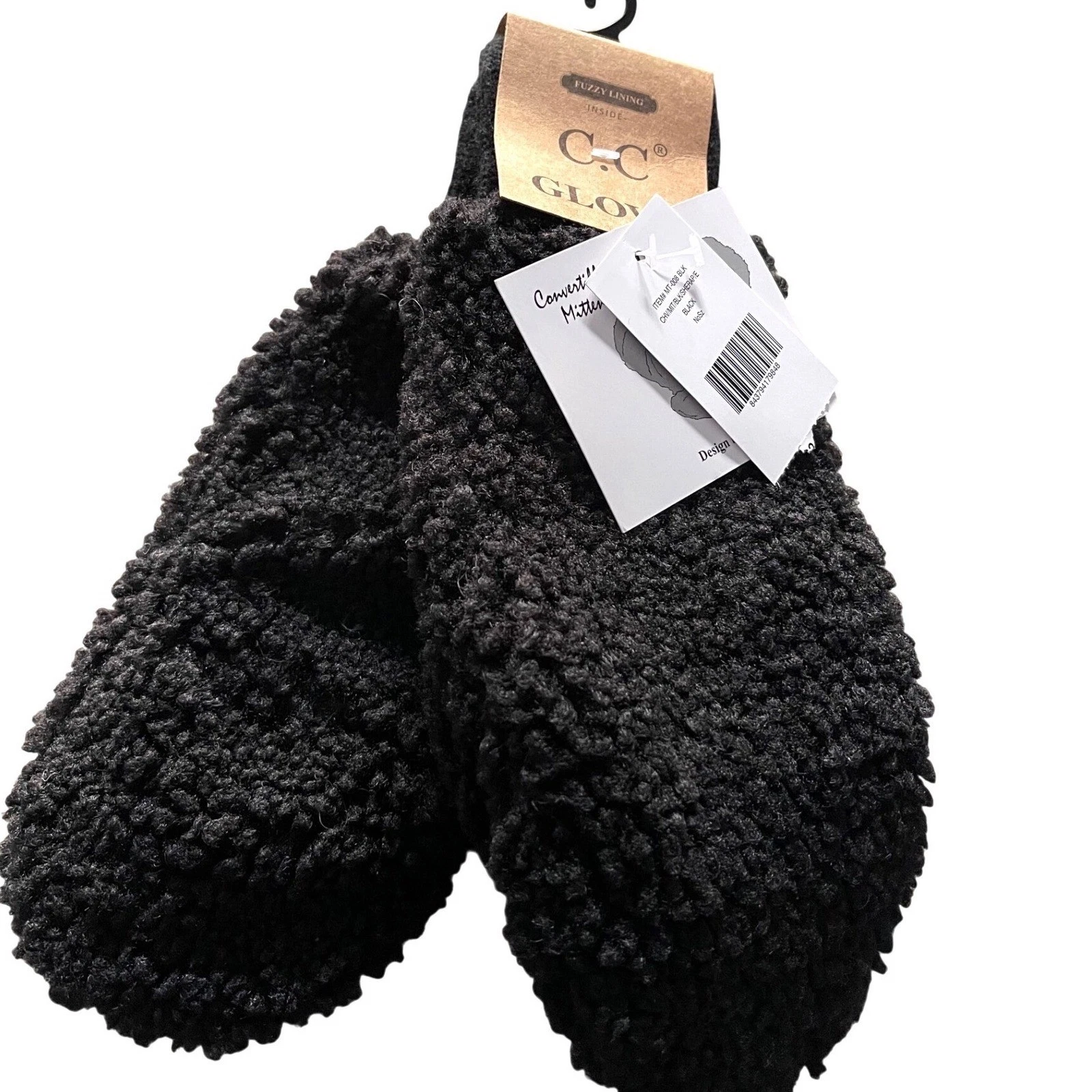 C.C Black Sherpa Convertible Mitten Gloves Fuzzy Lined MT-001 BLK NEW