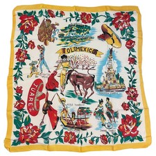 Vintage "Ole Mexico" Souvenir Handkerchief Scarf Travel Bullfighter Roses