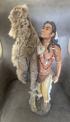 24'' Native American Indian resin statue w/ pelt wolf eagle knife hunter warrior