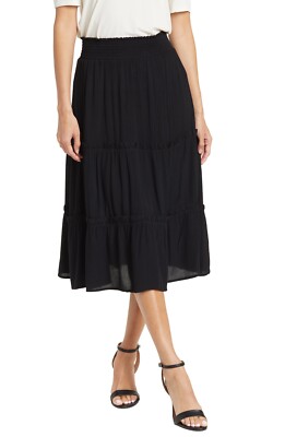 Cece Smocked Waist Tiered High/Low Skirt Size L Black Color