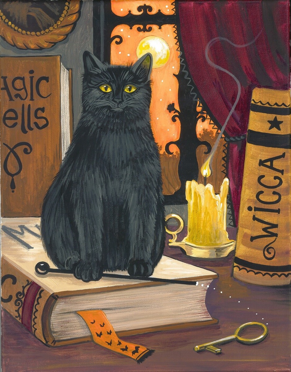 8x10 PRINT OF PAINTING RYTA BLACK CAT HALLOWEEN MAGIC KEY WITCH
