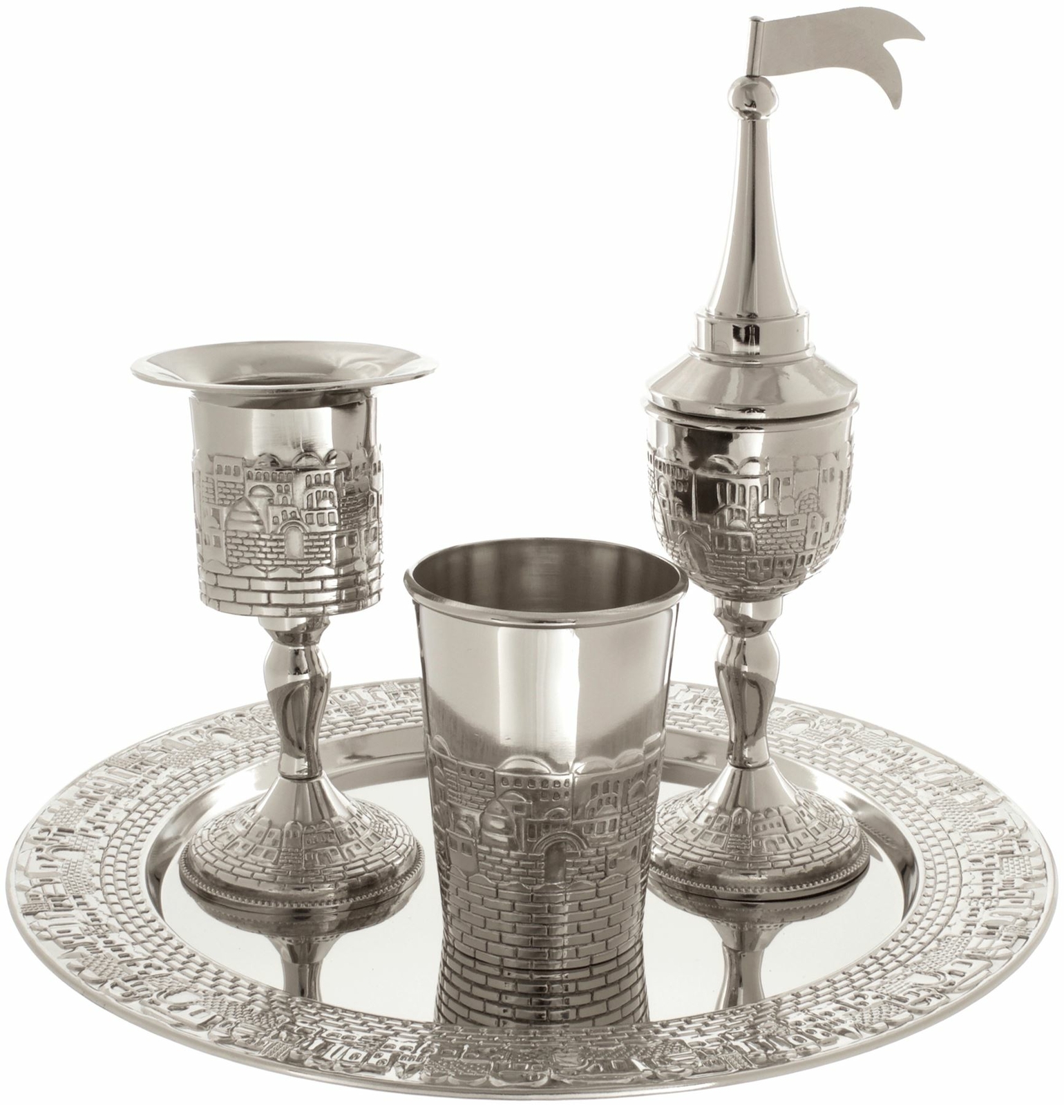 4 Piece Havdalah Set for Shabbat Nickel Plated Jerusalem Design Jewish Havdalla