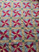 Some FLAWS old early handmade patchwork quilt pinwheel 64" x 78" Hand Quilted