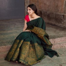 Saree For Women banarasi bordered Silk Saree and Blouse  Green Colour