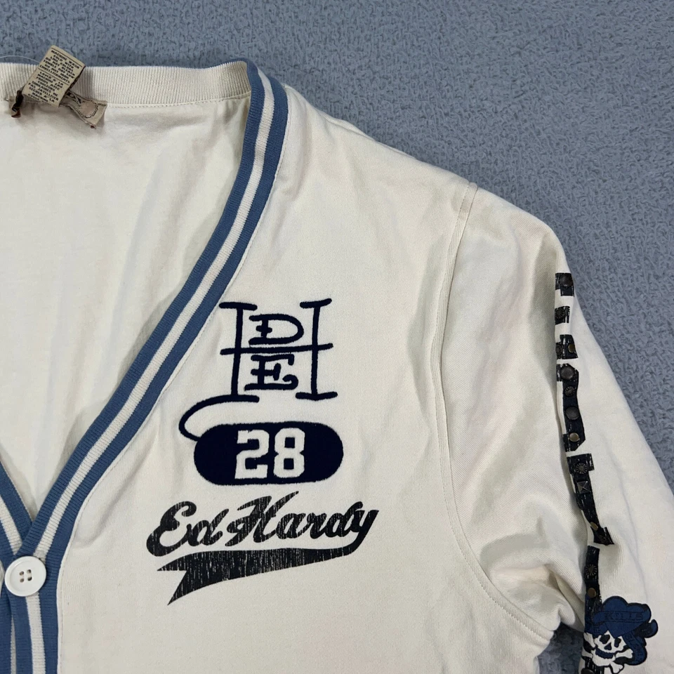 Suéter Ed Hardy Para Hombres 2XL (Se Ajusta a Grande) Beige Azul Abotonado Cárdigan Foto 3 de 4