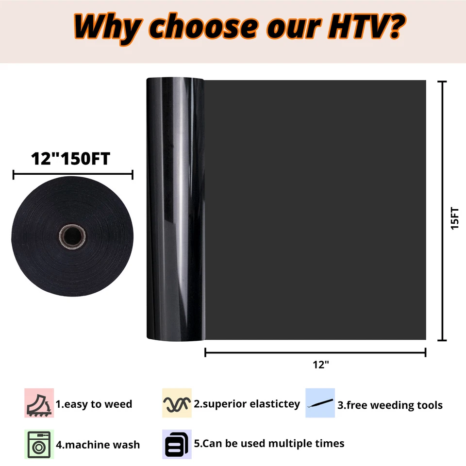 HTVRONT HTV Heat Transfer Vinyl Iron On Vinyl 12" x 5-50 FT T-Shirt for Cut - Image 3 of 4