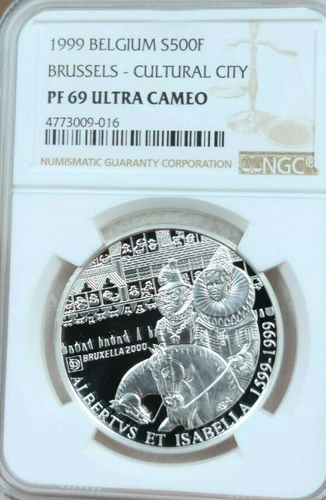 1999 BELGIUM SILVER 500 FRANCS BRUSSELS CULTURAL CITY NGC PF 69 ULTRA CAMEO TOP