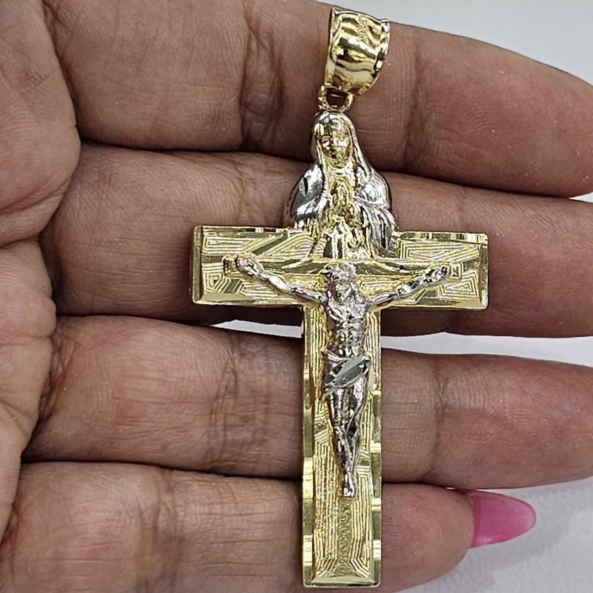 10k Solid Gold virgin Mary Cross Jesus Crucifix Pendant