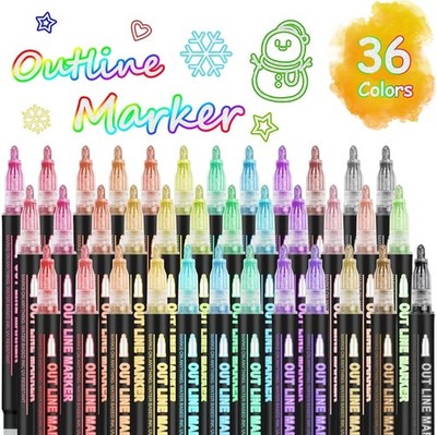Double Line Super Squiggles Glitter & Metallic Markers, 36 Colors - Self Outline
