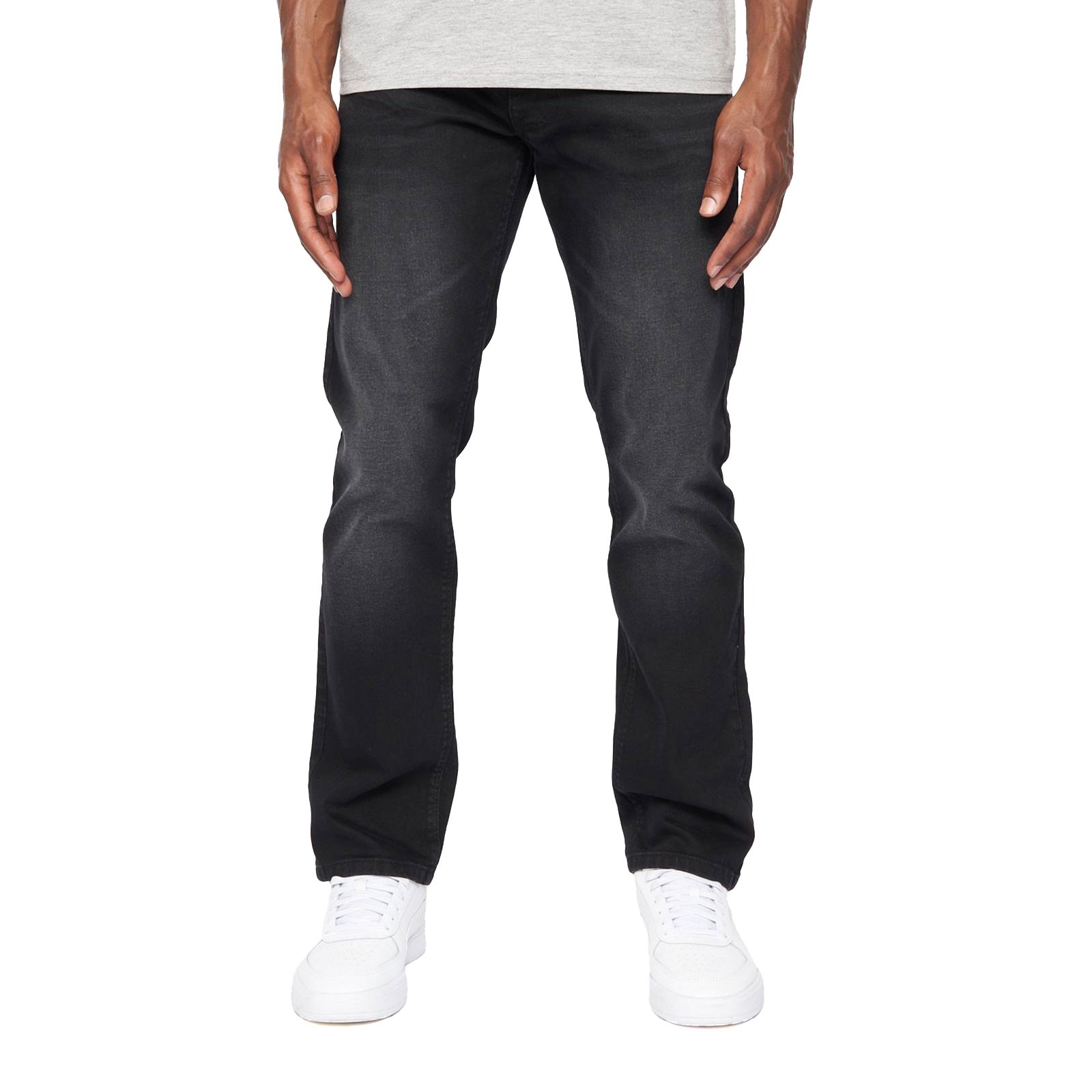 Crosshatch Cadman Mens Denim Straight Leg Jeans Belt Smart Pants Black Wash