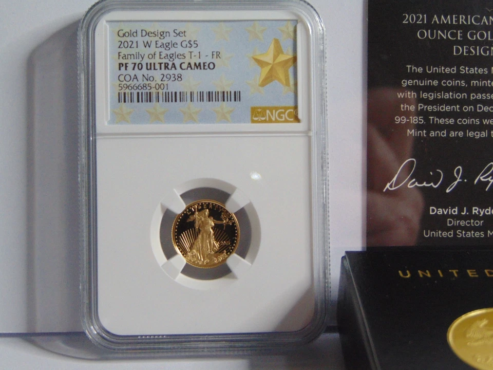 Набор из 2 золотых монет пруф 2021 W Eagle 1/10 унции G$5 дизайнерское издание NGC PF70 с сертификатом подлинности - Изображение 4 из 4
