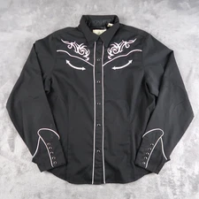 Vintage Roper Women Black Western Goth Shirt White Embroider Pearl Snap XL