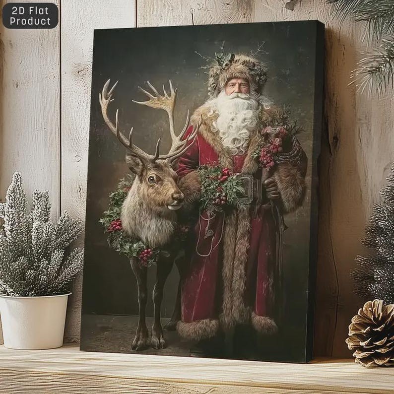 Vintage Santa with Reindeer Christmas Canvas Wall Art Winter