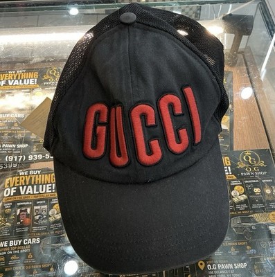 Gucci Men's Black Mesh Back Baseball Cap w/ Red Logo Patch Size XXL Adjustable