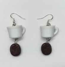 Coffee Cup And Bean Earrings Dangle  Barista Gift Novelty Jewelry